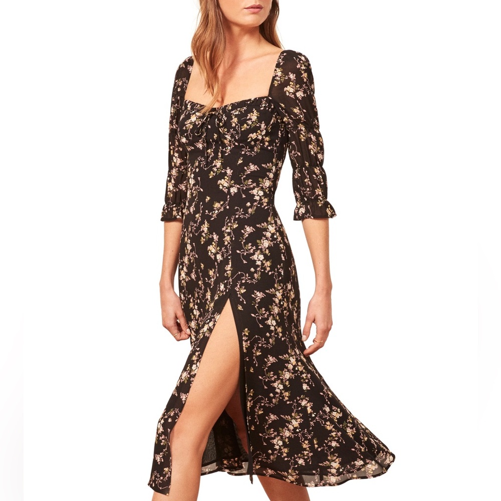 REFORMATION Clarissa Black Floral Print MARNIE Slit Crepe Midi Dress 2